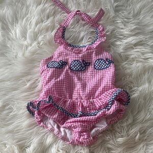 Pink Gingham Baby Swimsuit with Whale Design - classic whimsy